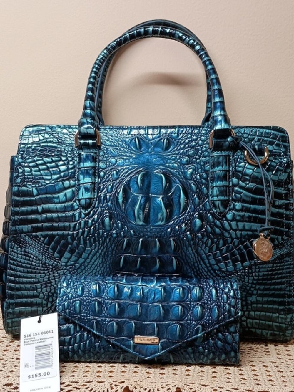 NWT BRAHMIN Melbourne Collection Blue Patina Small Finley Carryall Satchel Bag